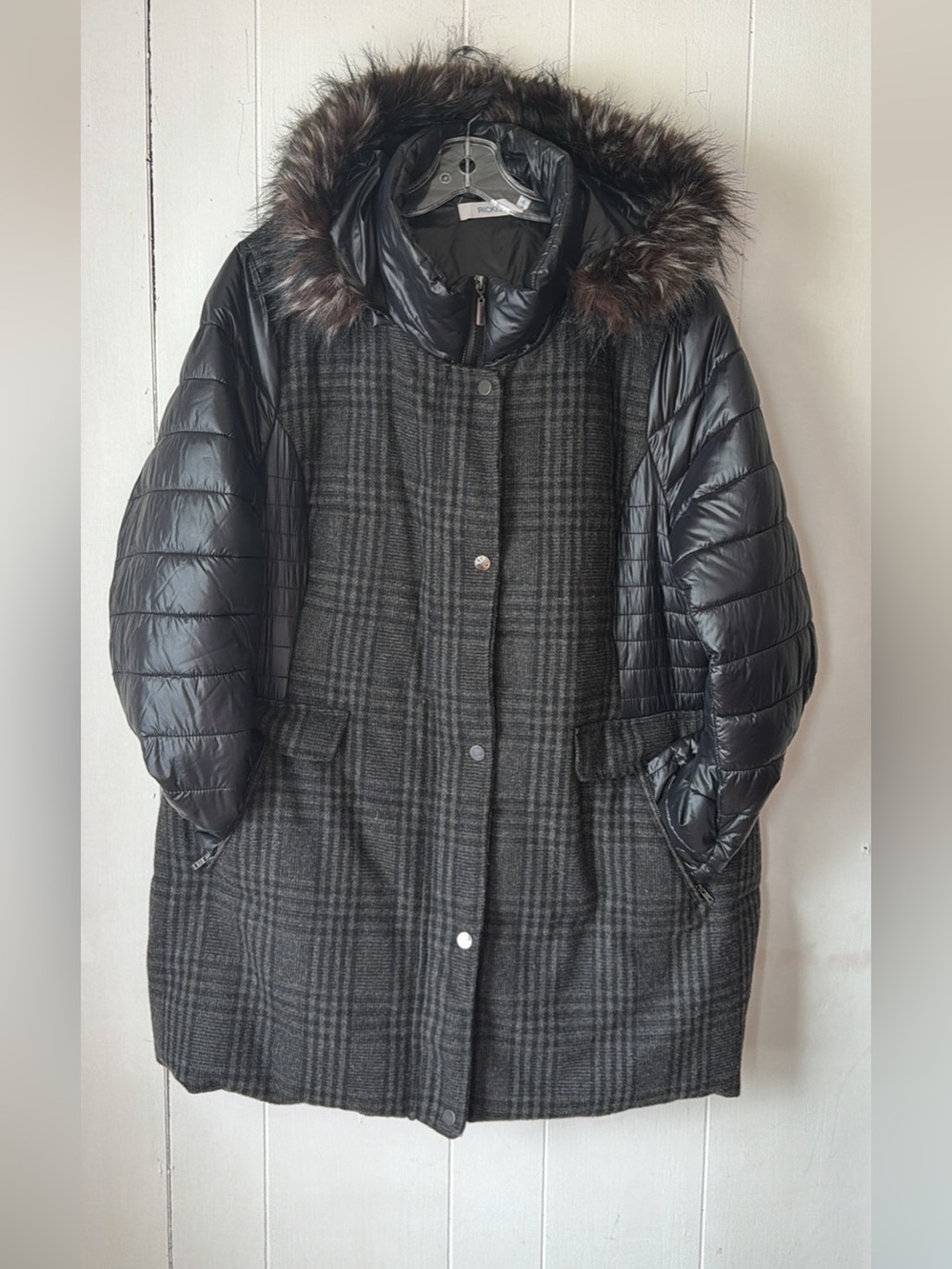 Plus Size XXL Hybrid  Wool Blend Tweed & Puffer Winter Parka with Faux Fur Hood